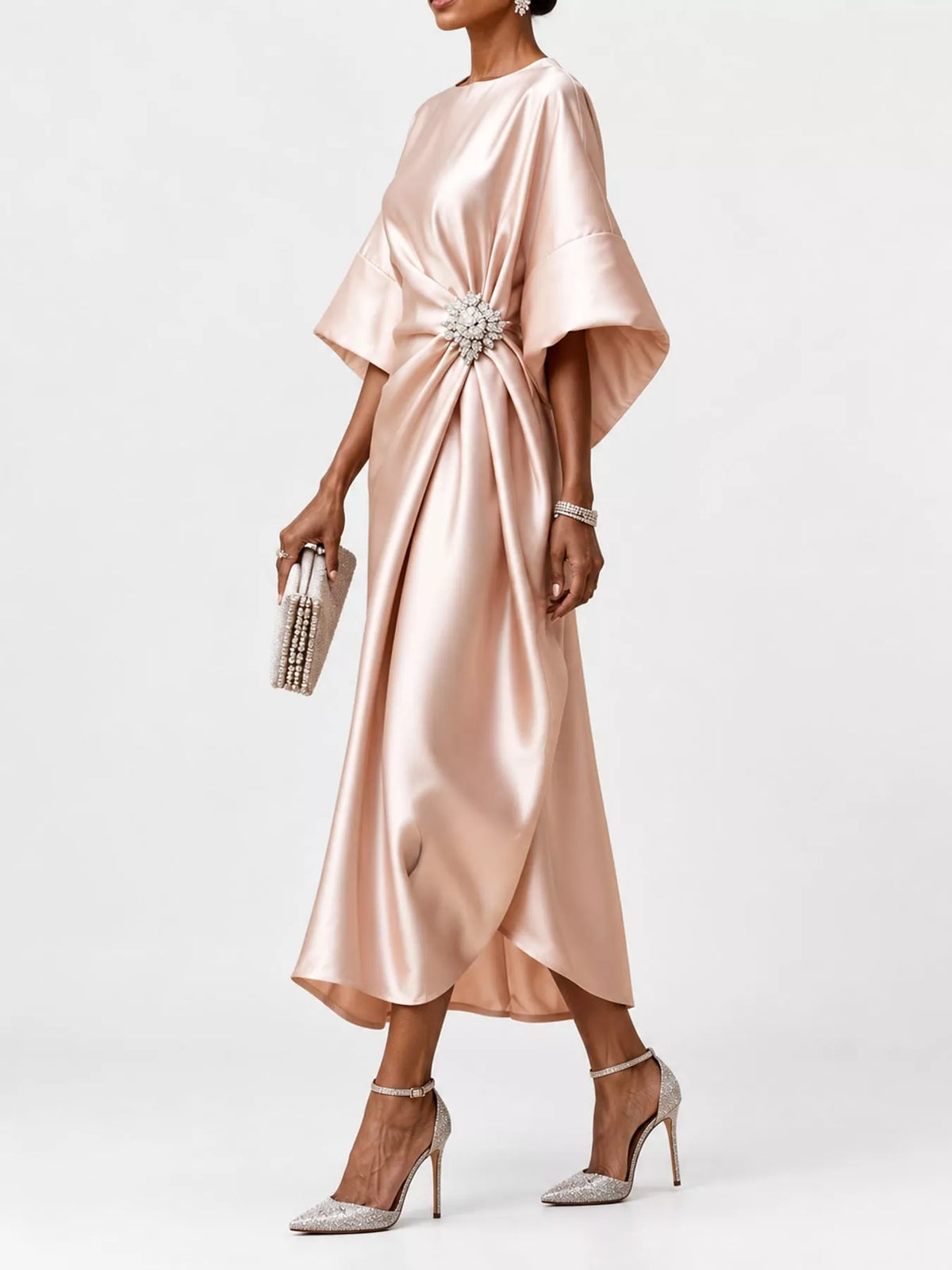 Light Pink satin draped brooch evening dress