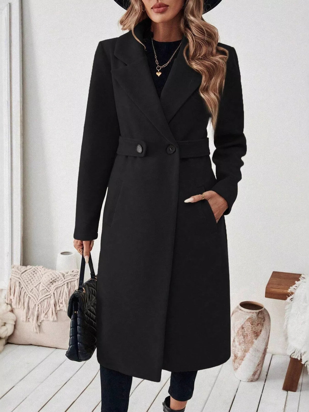 Black lapel-collar longline coat, buttoned front