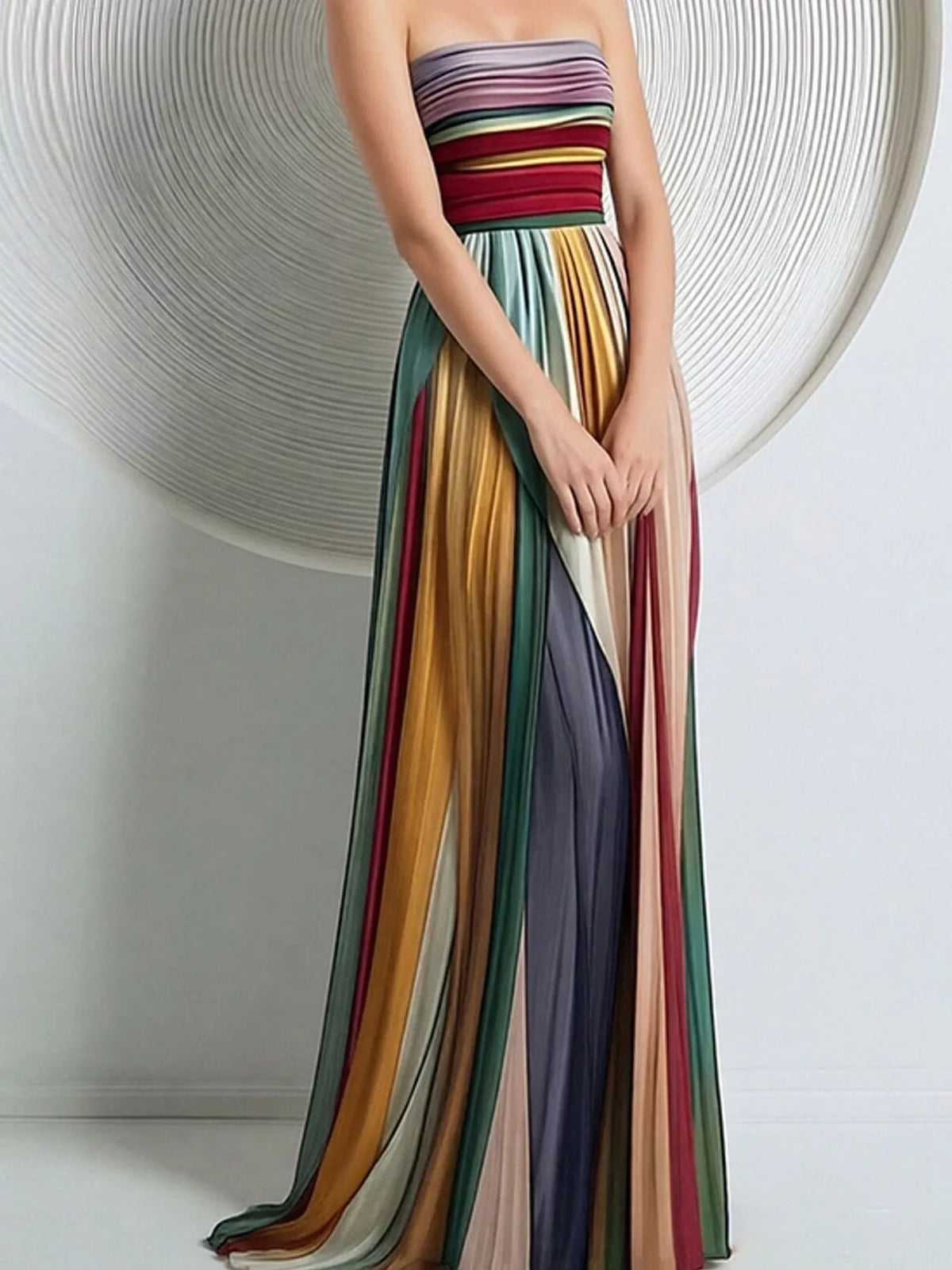 strapless maxi dress, front view on model