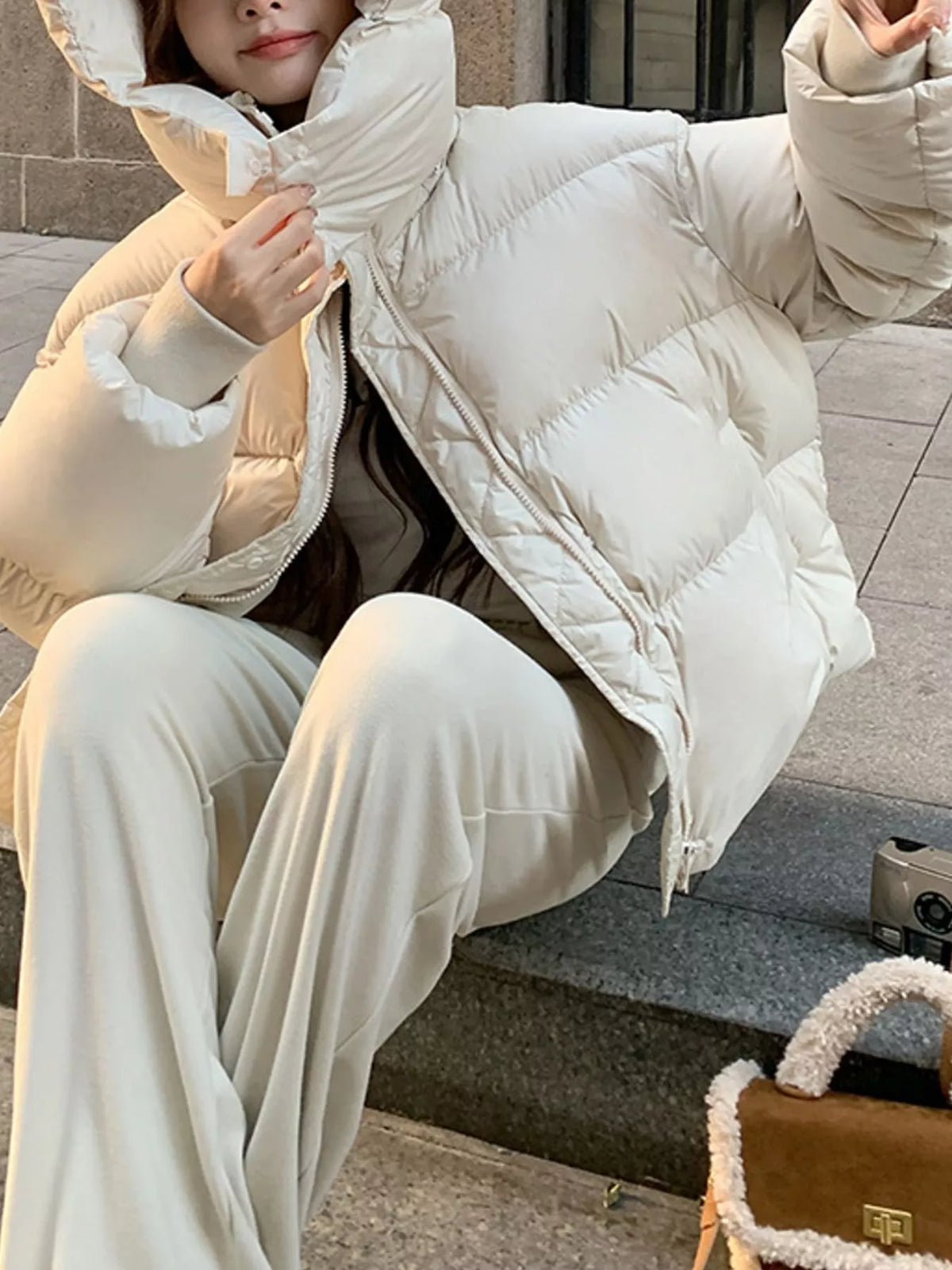 Cream quilted hooded puffer jacket, seated open front