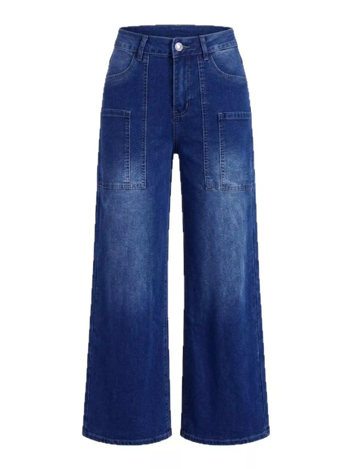 High-Waisted Patch Pocket Wide-Leg Jeans in blue, flat front view