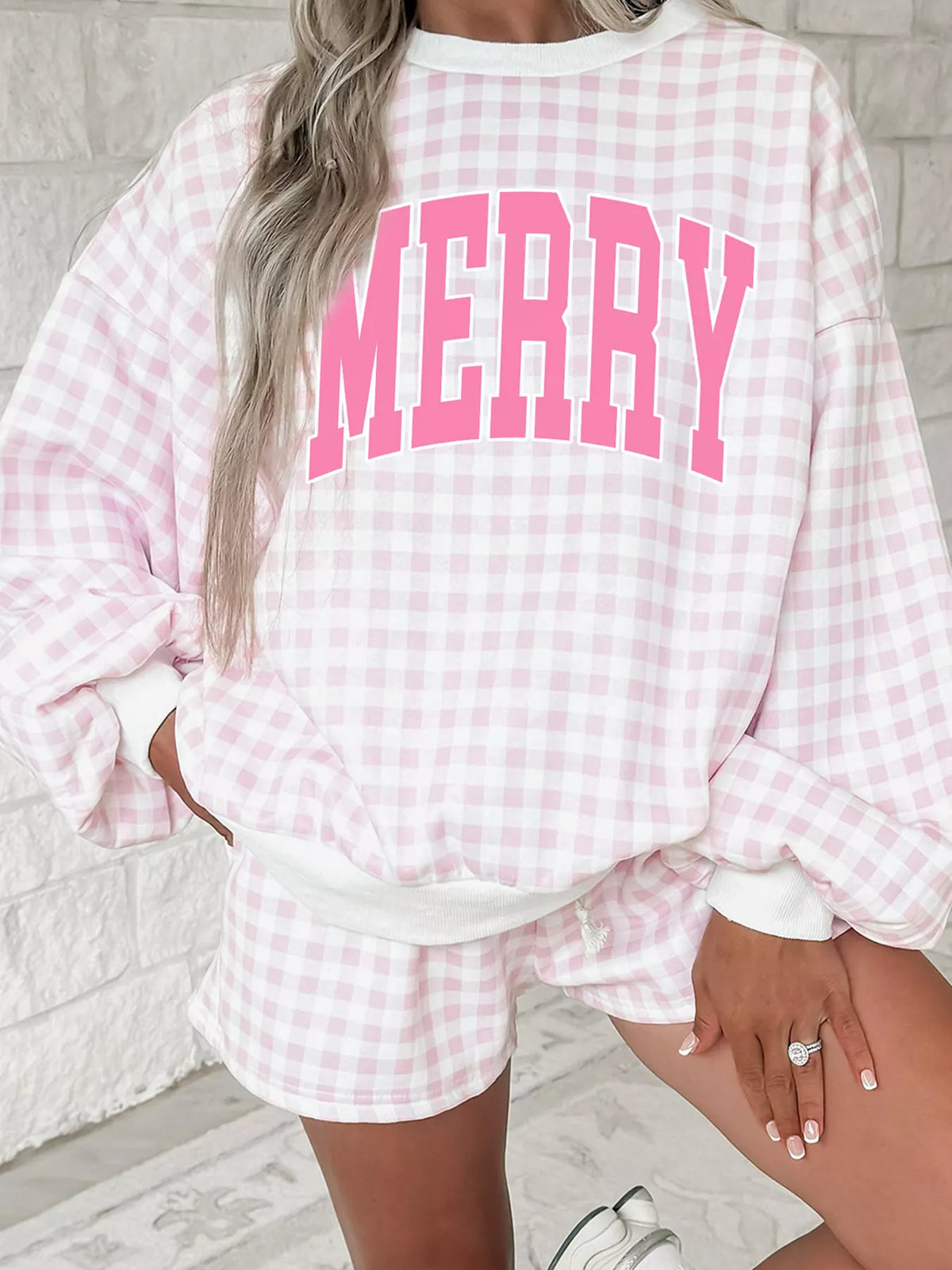 MERRY Plaid Top and Shorts Set in blush pink, front view