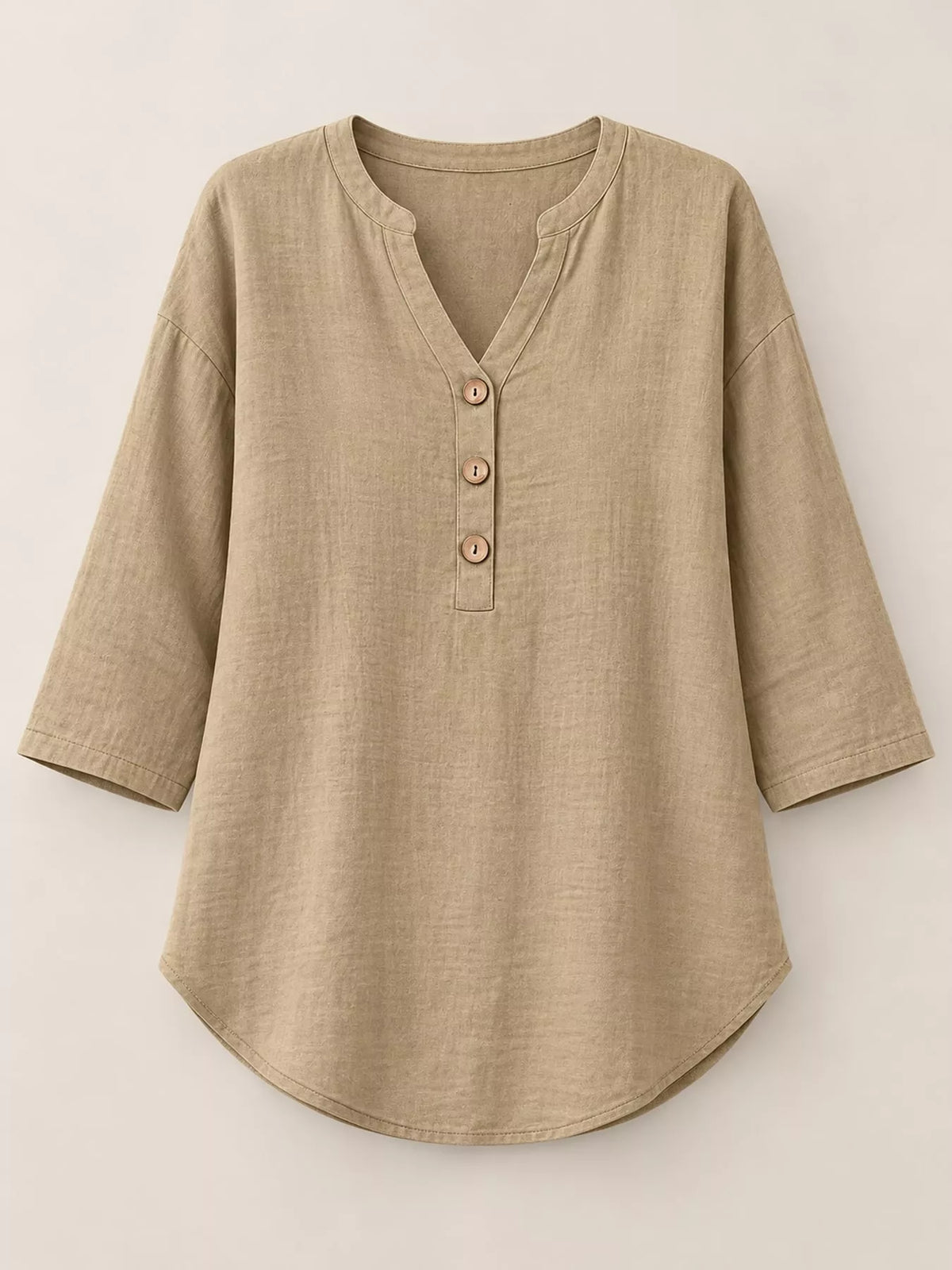 Button Notched 3/4 Sleeve Blouse in khaki, front view
