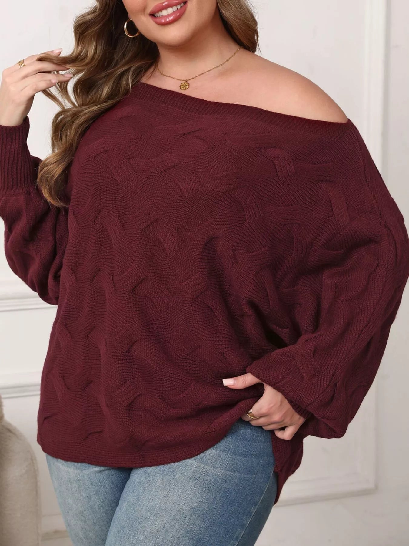 Trendsi Plus Size Off-Shoulder Long Sleeve Sweater -