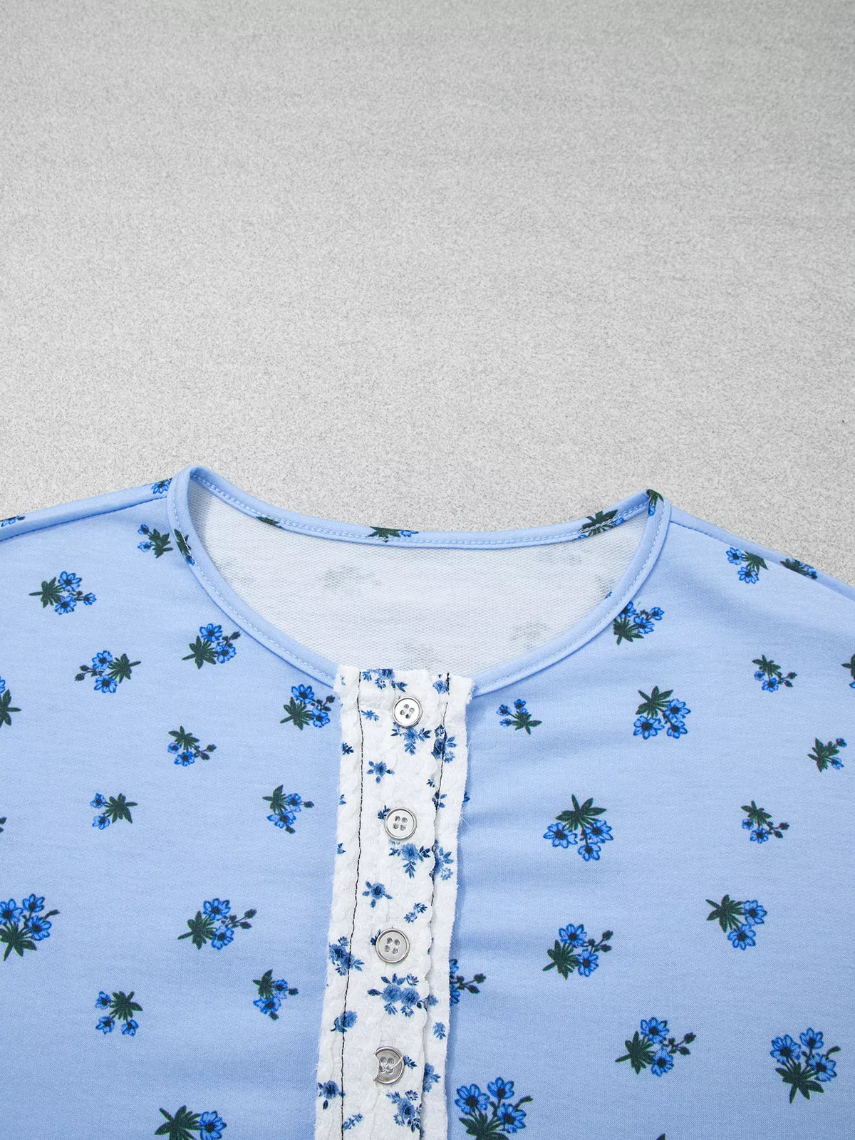 Floral Contrast Long Sleeve Top, neckline detail