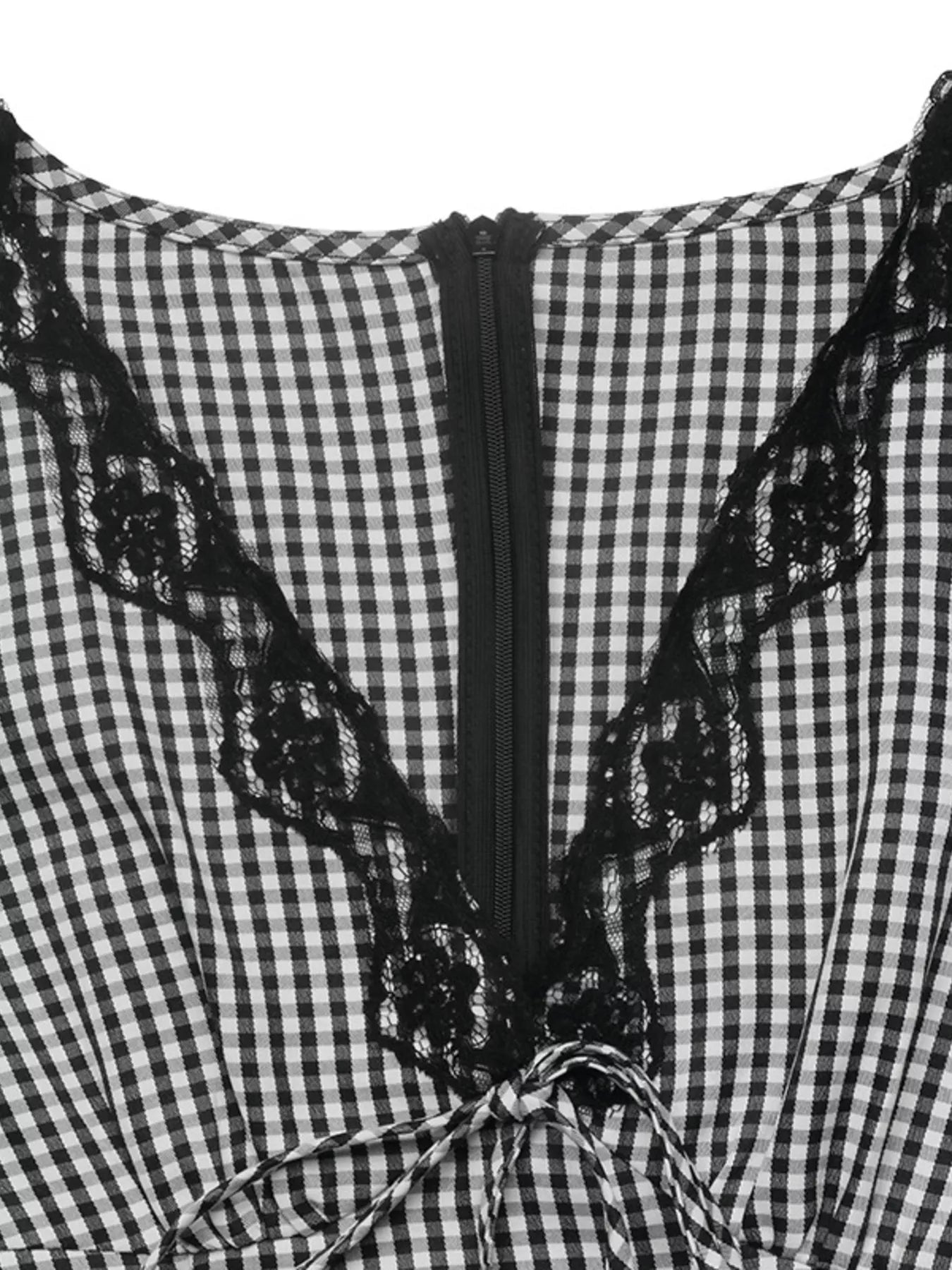 Trendsi Gingham Lace-Trim V-Neck Long Sleeve A-Line Maxi Dress -