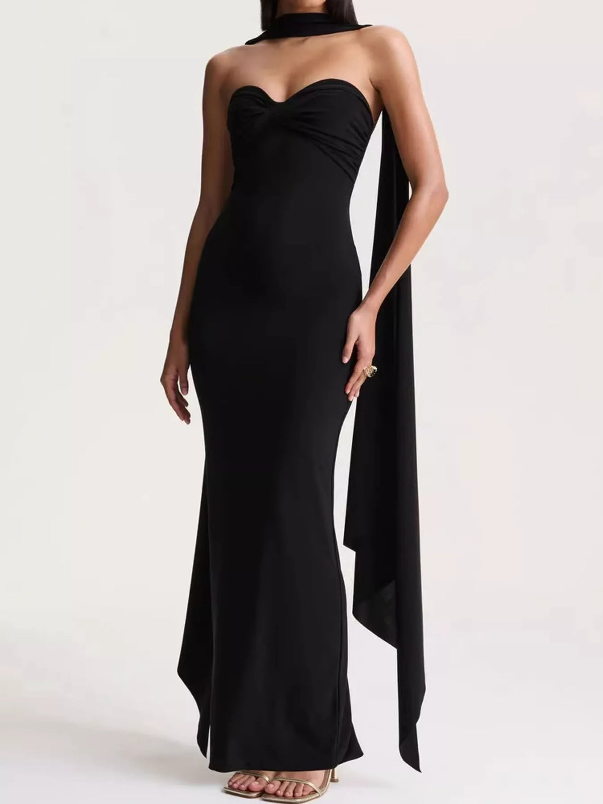 Black strapless ruched bodycon maxi dress with scarf, front view