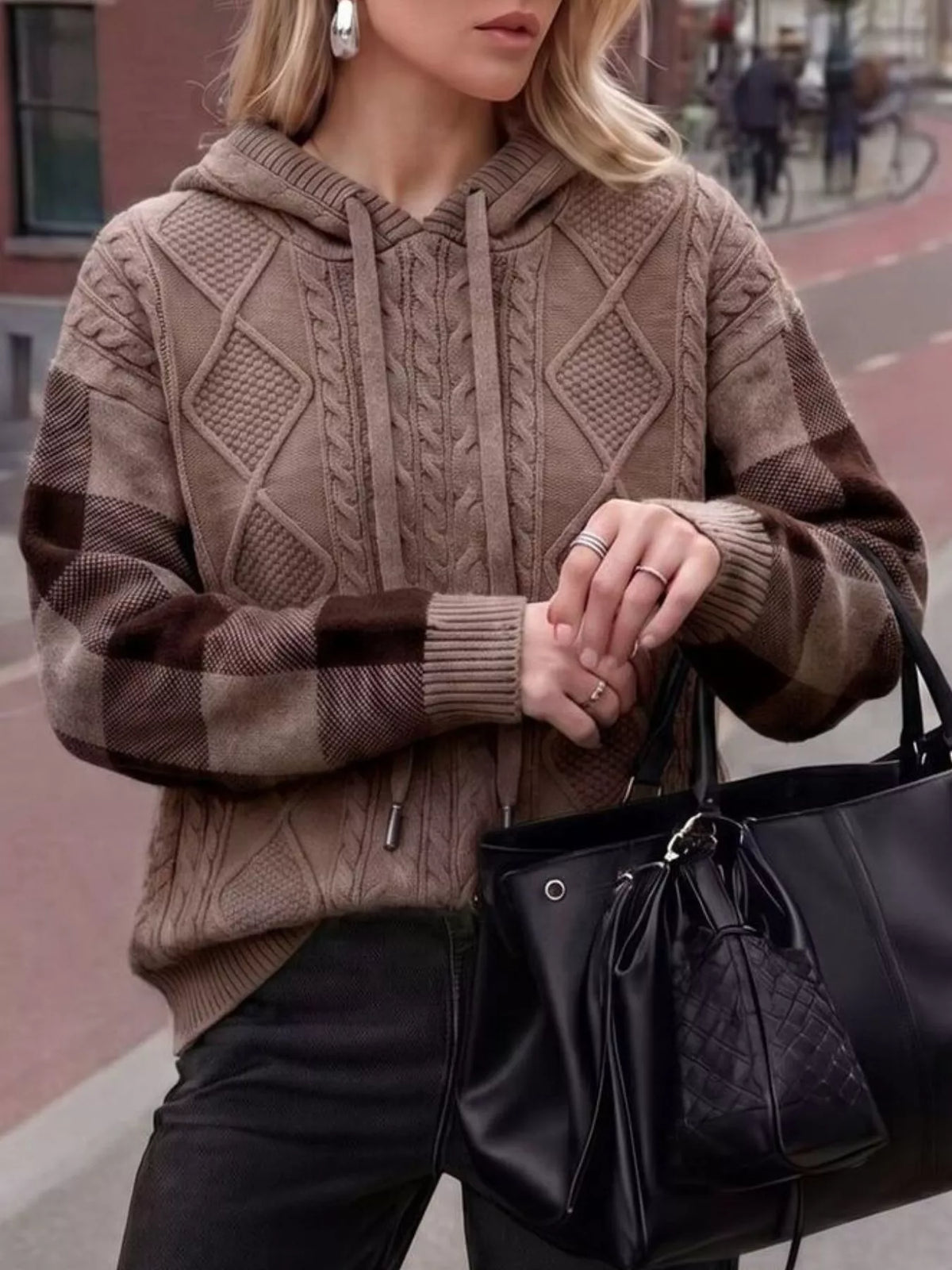 Trendsi Cable-Knit Plaid Sleeves Hooded Sweater -