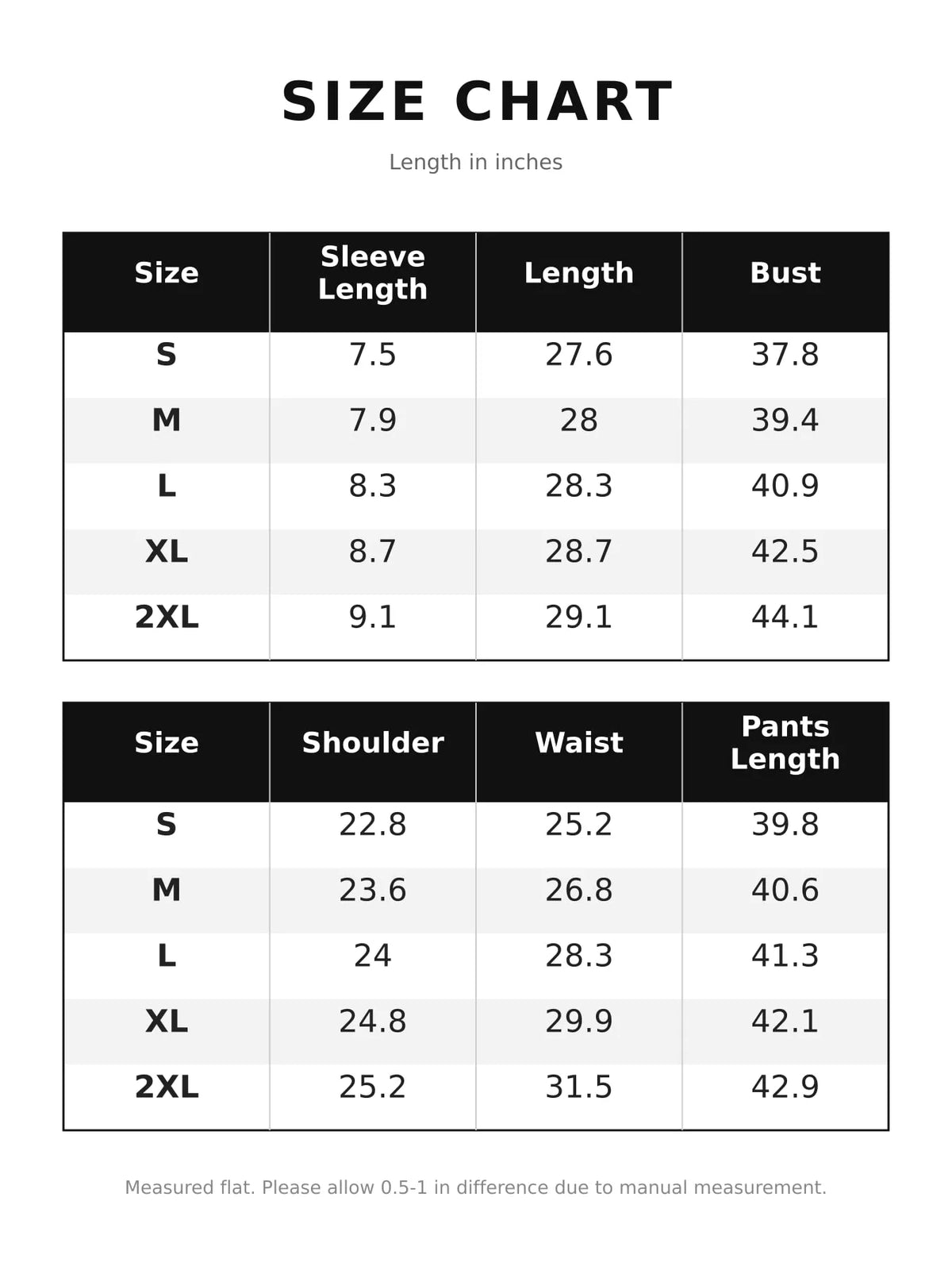 Size chart for printed button up shirt and pants set