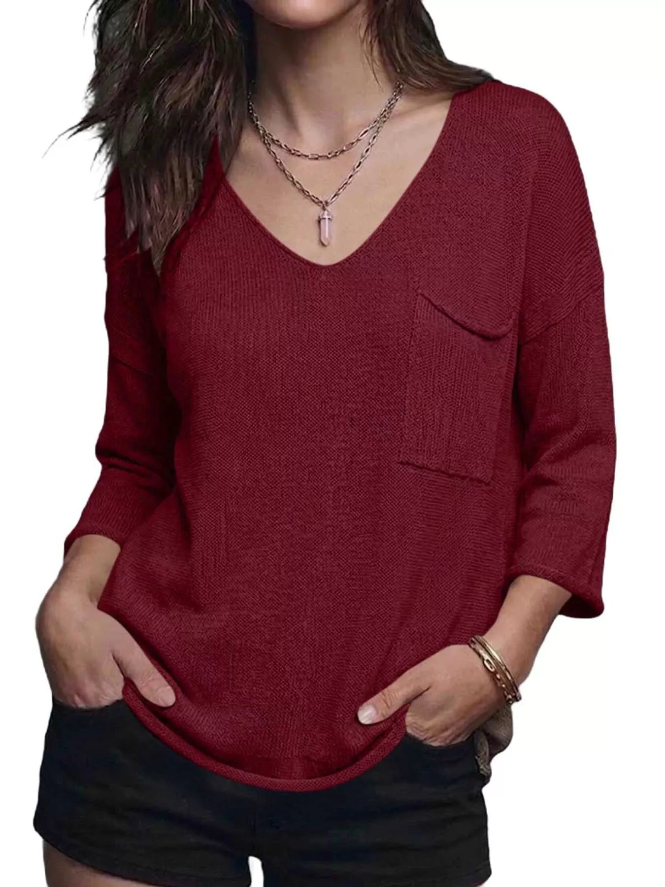 Trendsi V-Neck Chest Pocket Knit Top -