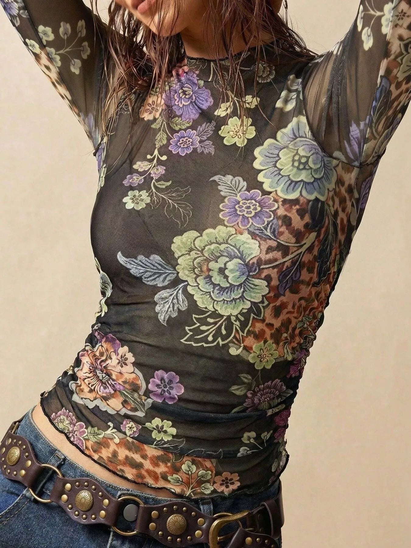 Trendsi Floral Mesh Long Sleeve Top -