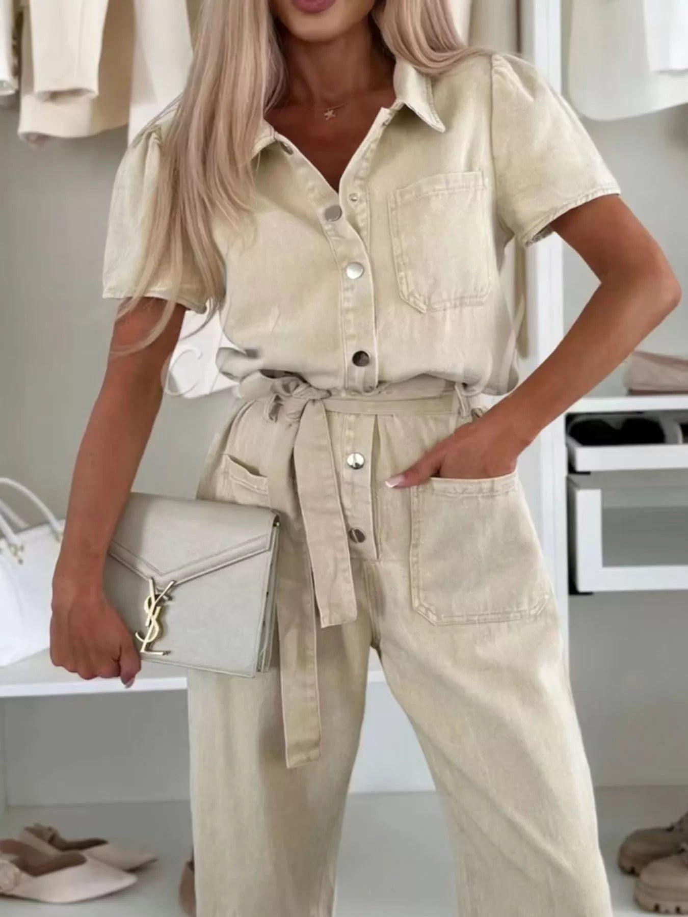 Trendsi Vintage Wash Short Sleeve Denim Jumpsuit -