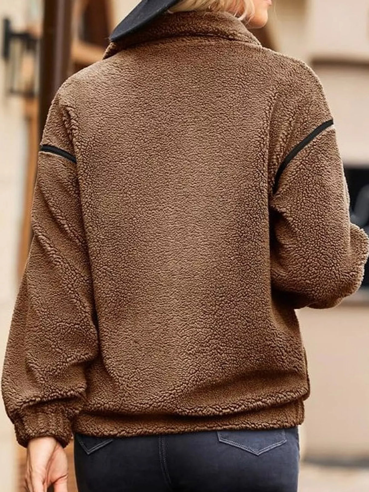 Stand Collar Sherpa Fleece Zip-Up Jacket — back view