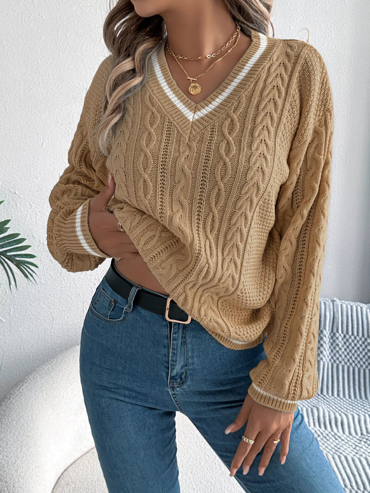 V-Neck Cable Knit Sweater with Striped Trim in camel, front view