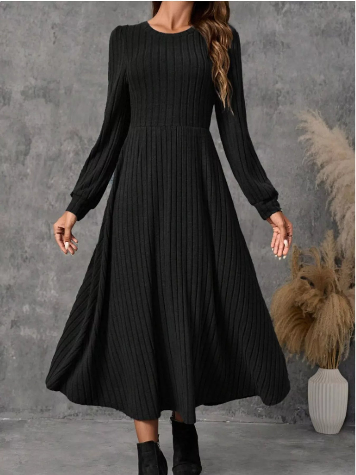 Women's Ribbed Knit Long Sleeve A-Line Midi Dress in black — front view