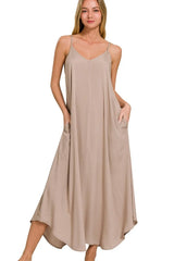 Trendsi Zenana Woven Arc Hem Cami Dress With Flowy Pockets -