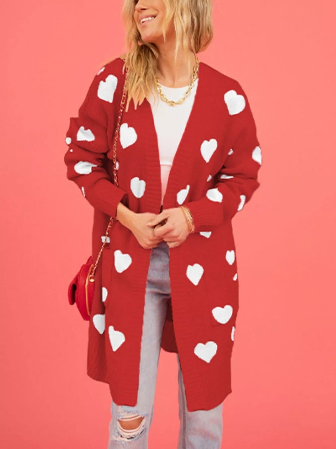 Trendsi Heart Pattern Open Front Longline Cardigan -