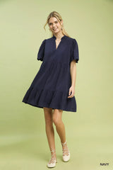 Trendsi Umgee Linen Tiered Babydoll Dress with Scalloped Sleeves -