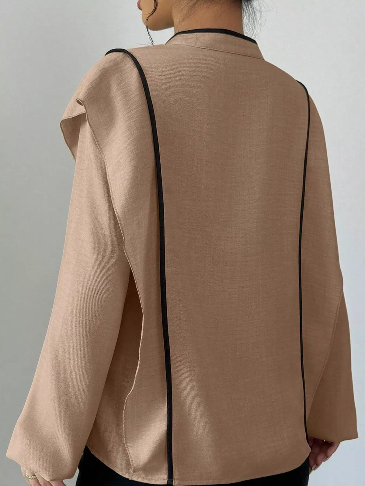 Brown chinese-style mandarin collar blouse, back view