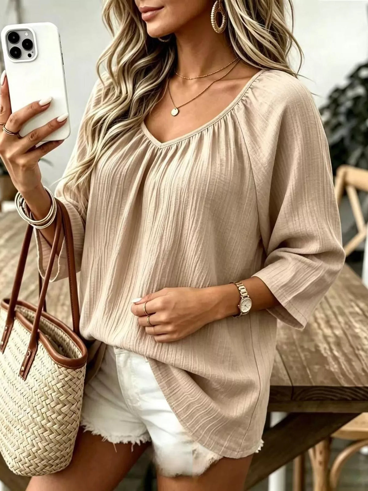 Textured V-Neck Casual T-Shirt, front view