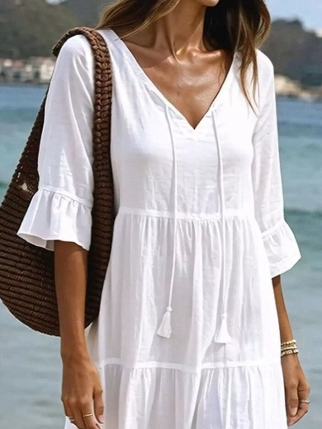Trendsi Full Size Tiered Tie Neck Flounce Sleeve Dress Plus Size -