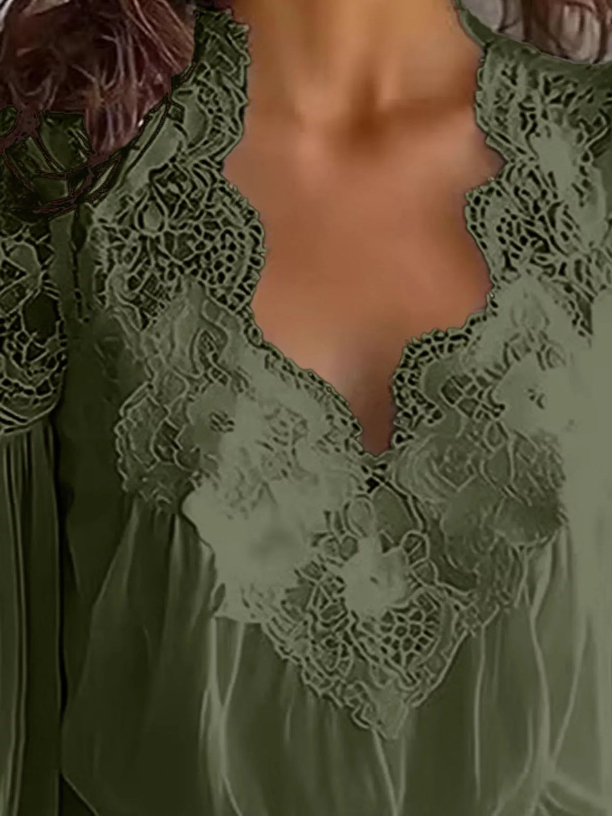 Olive lace V-neck flounce sleeve blouse, lace neckline detail