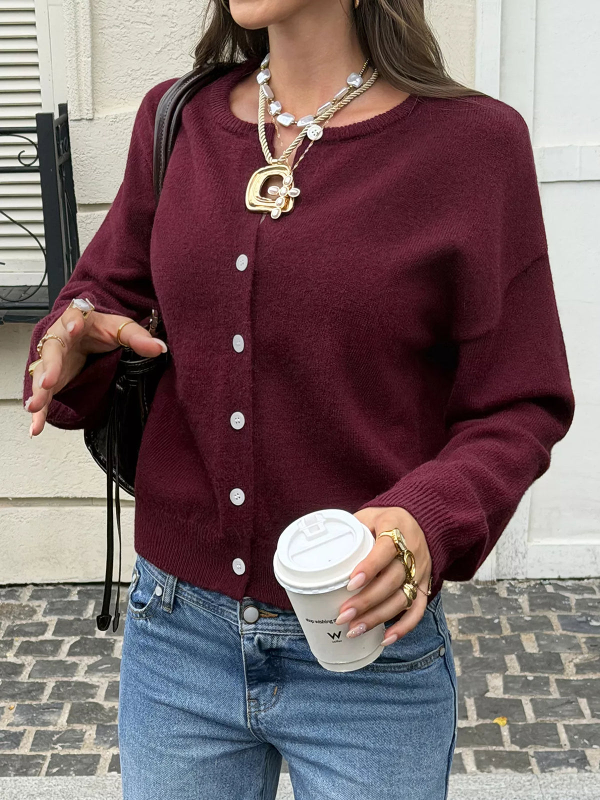 Wine red drop-shoulder button-down cardigan