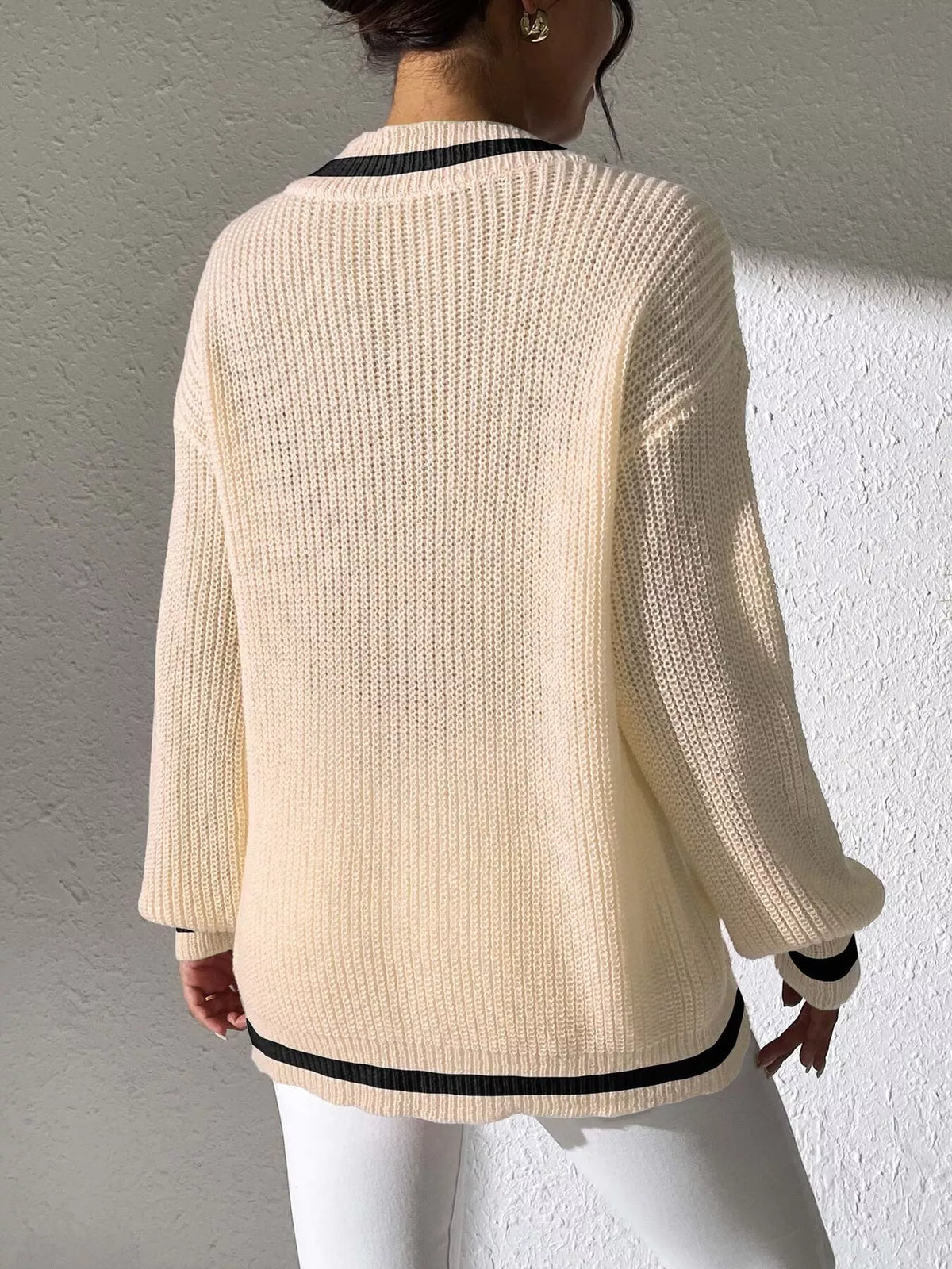 V-neck contrast-trim sweater with pearl decor in tan, back view