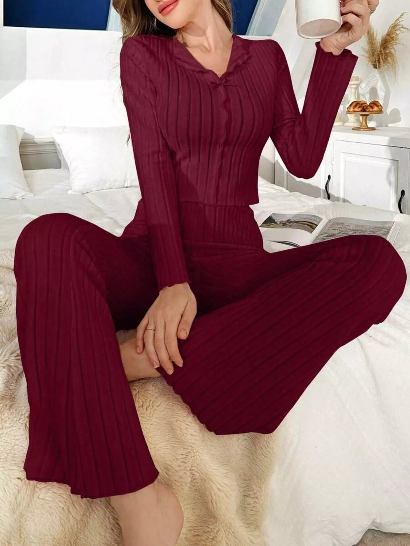 Trendsi Bow Detail Ribbed Knit Top and Pants Lounge Set -