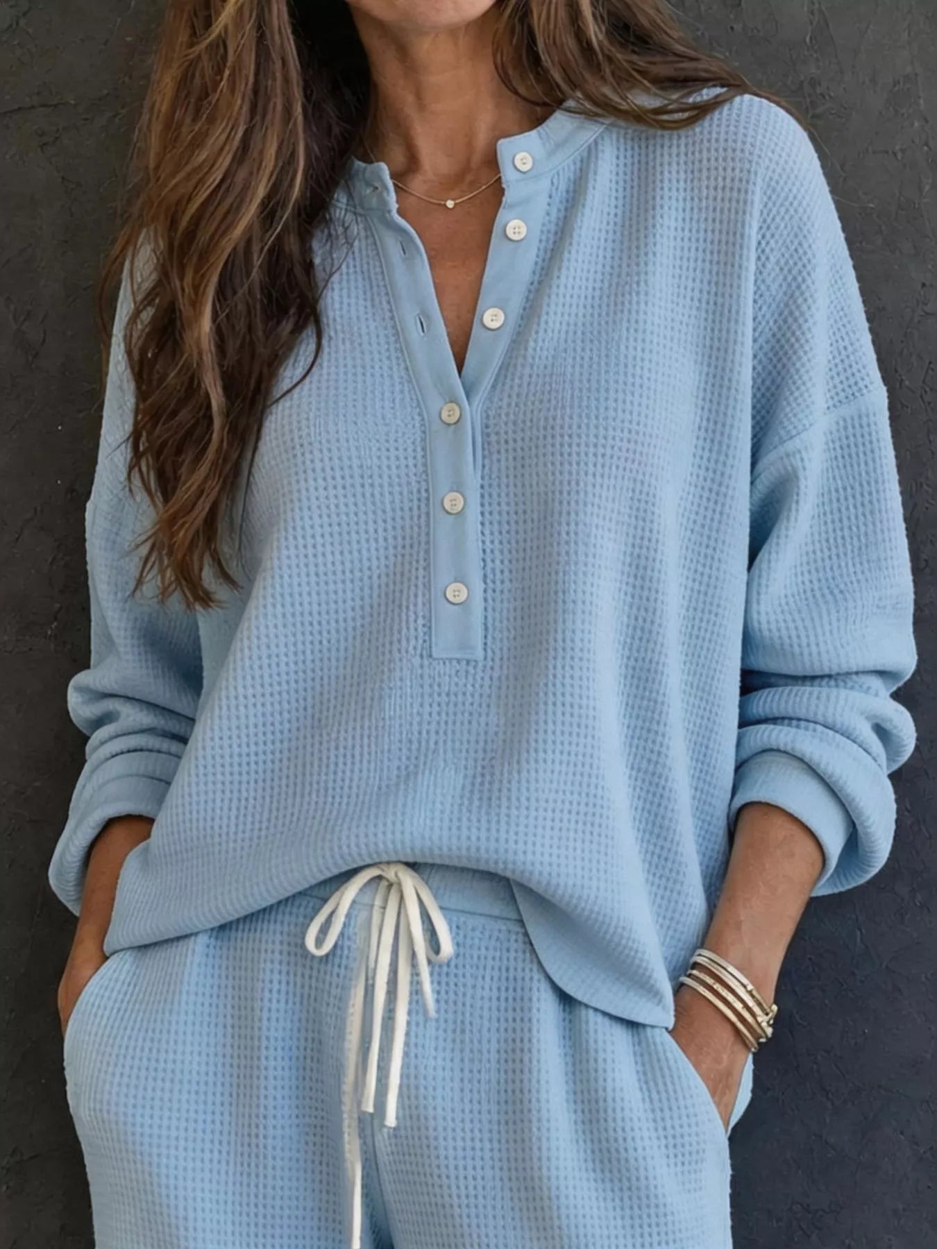 Trendsi Waffle Knit Henley Top and Wide Leg Pants Set -