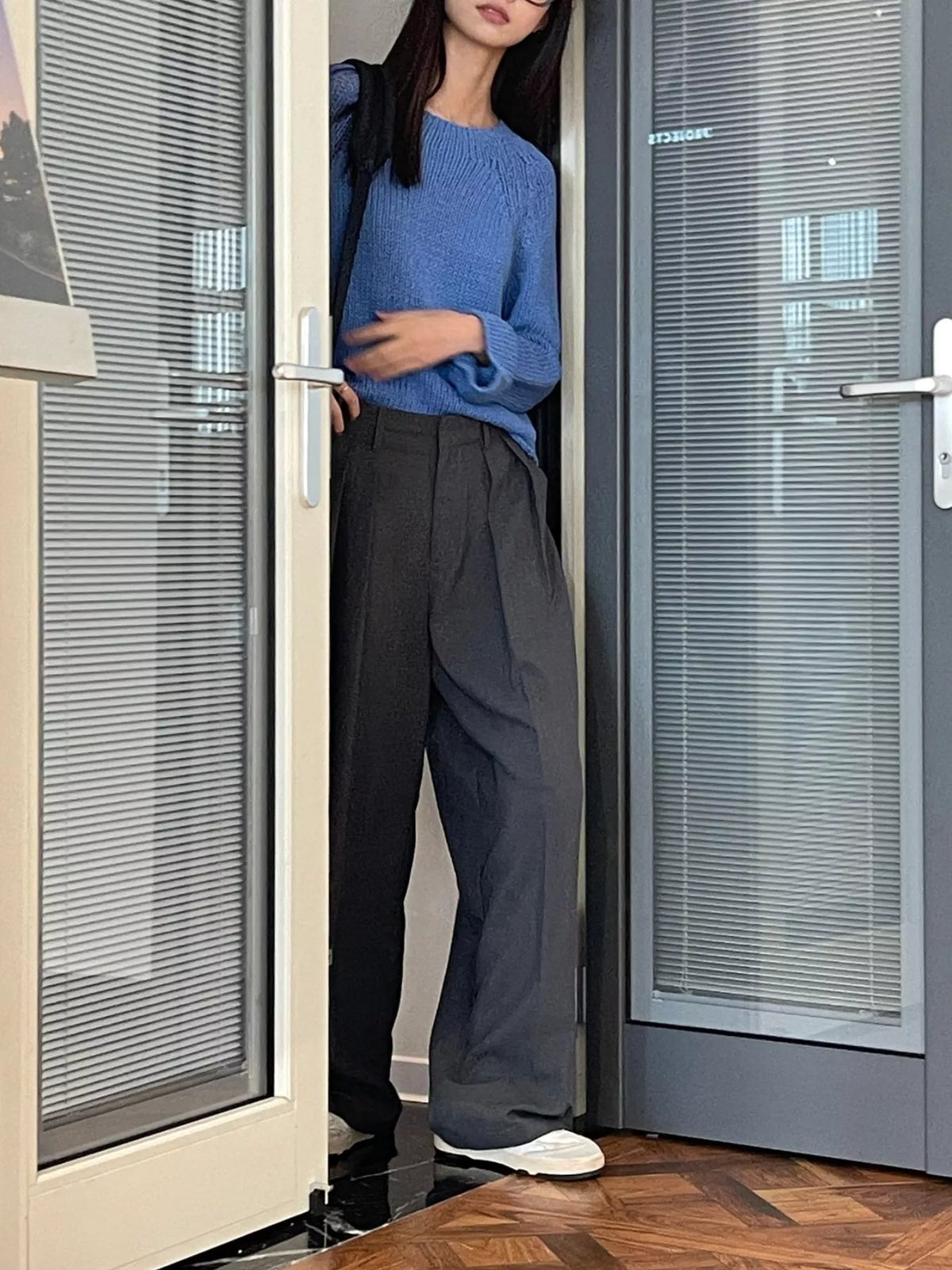 Women's High-Waisted Pleated Wide-Leg Pants in gray — front view