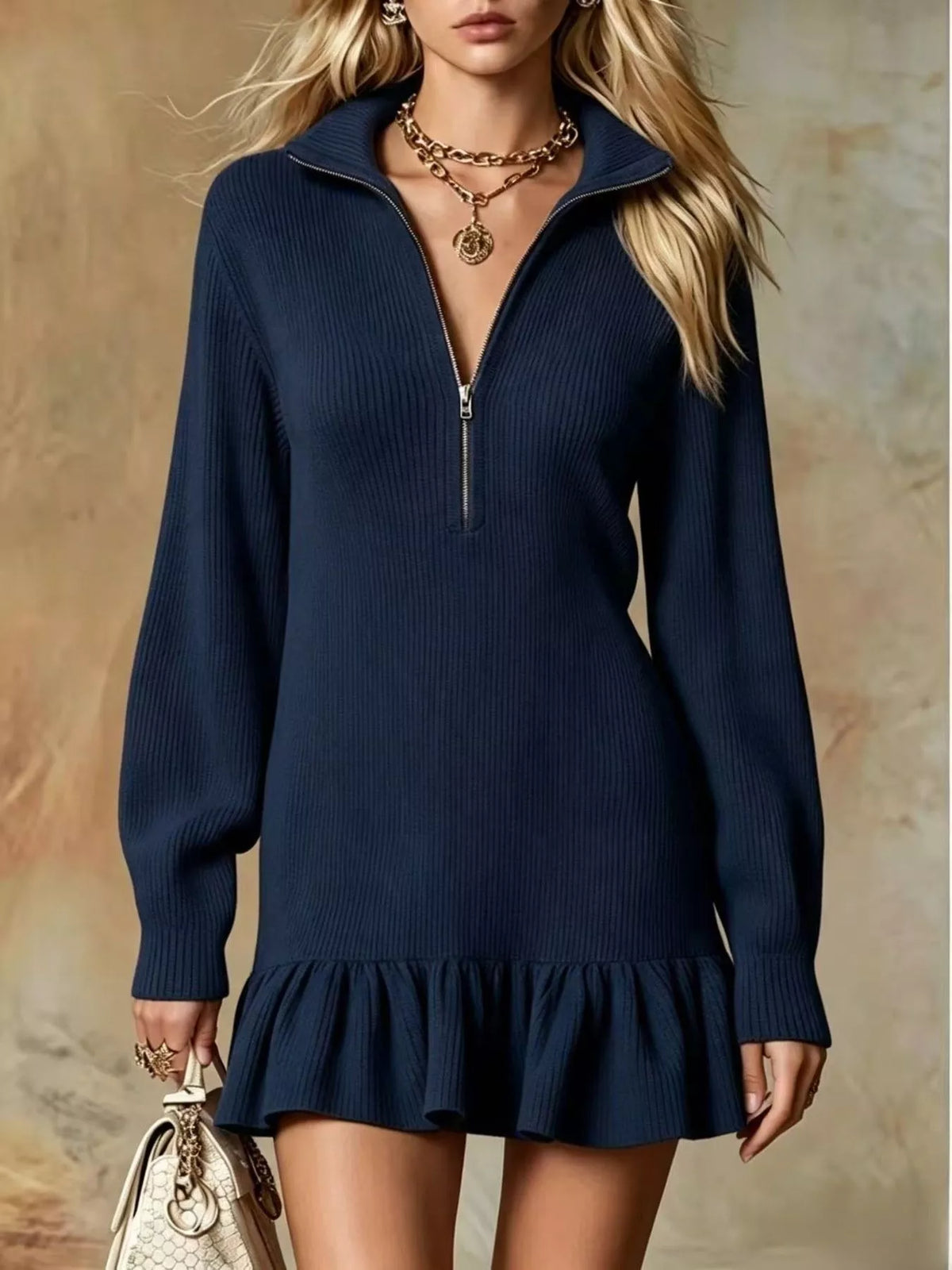 Navy half-zip ruffle-hem dress, front view