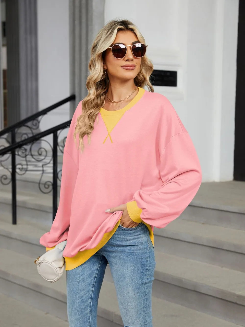 Trendsi Contrast Round Neck Long Sleeve Sweatshirt -