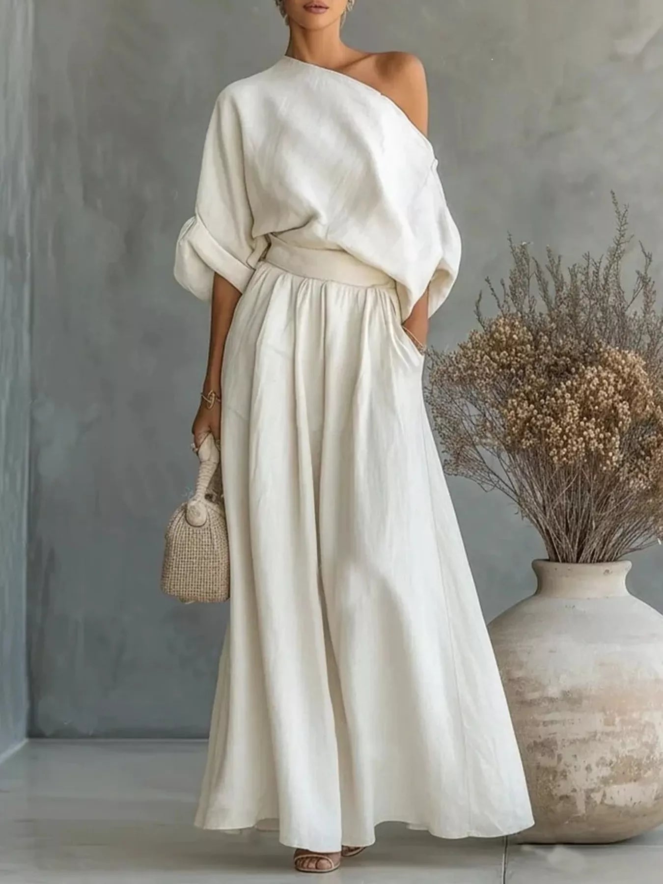 Trendsi Full Size One Shoulder Top and Wide Leg Pants Set Plus Size -