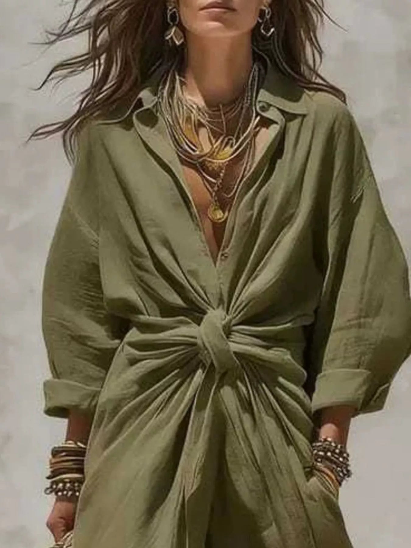 Trendsi Front-Tie Maxi Shirt Dress -