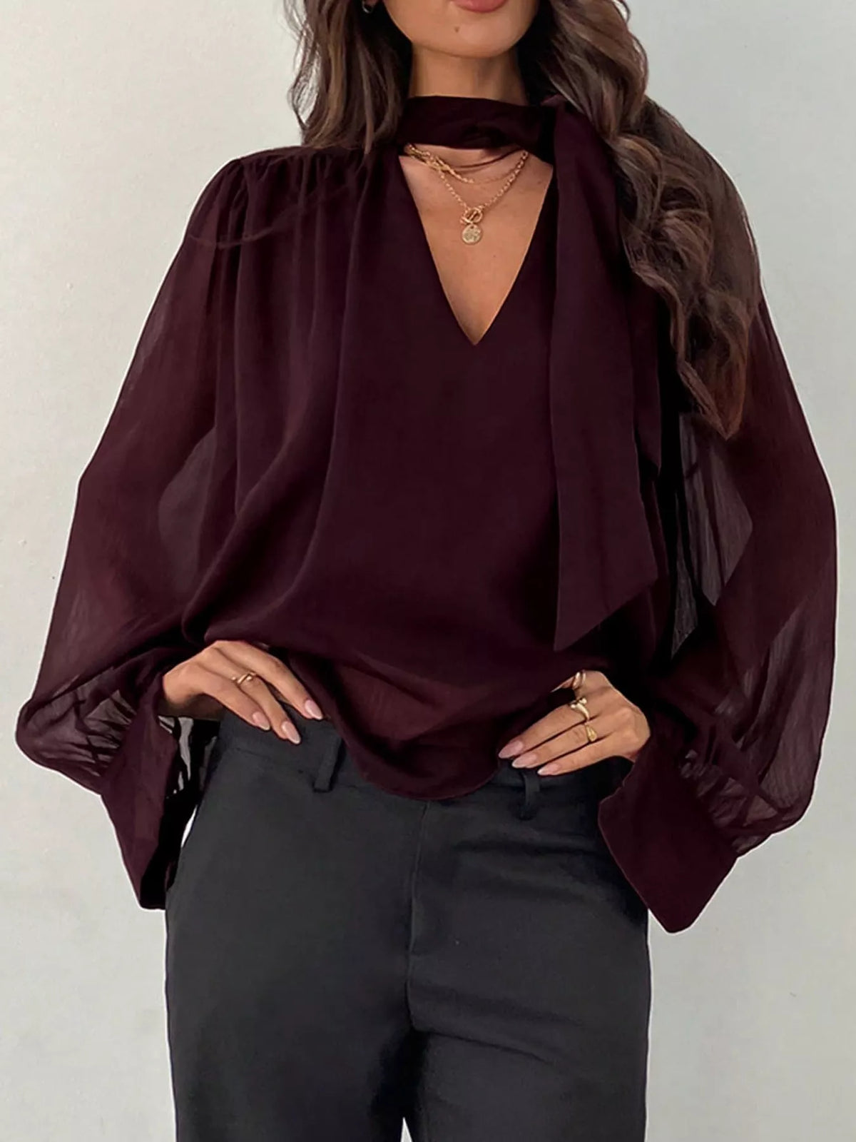 V-Neck Long Sleeve Chiffon Blouse in magenta