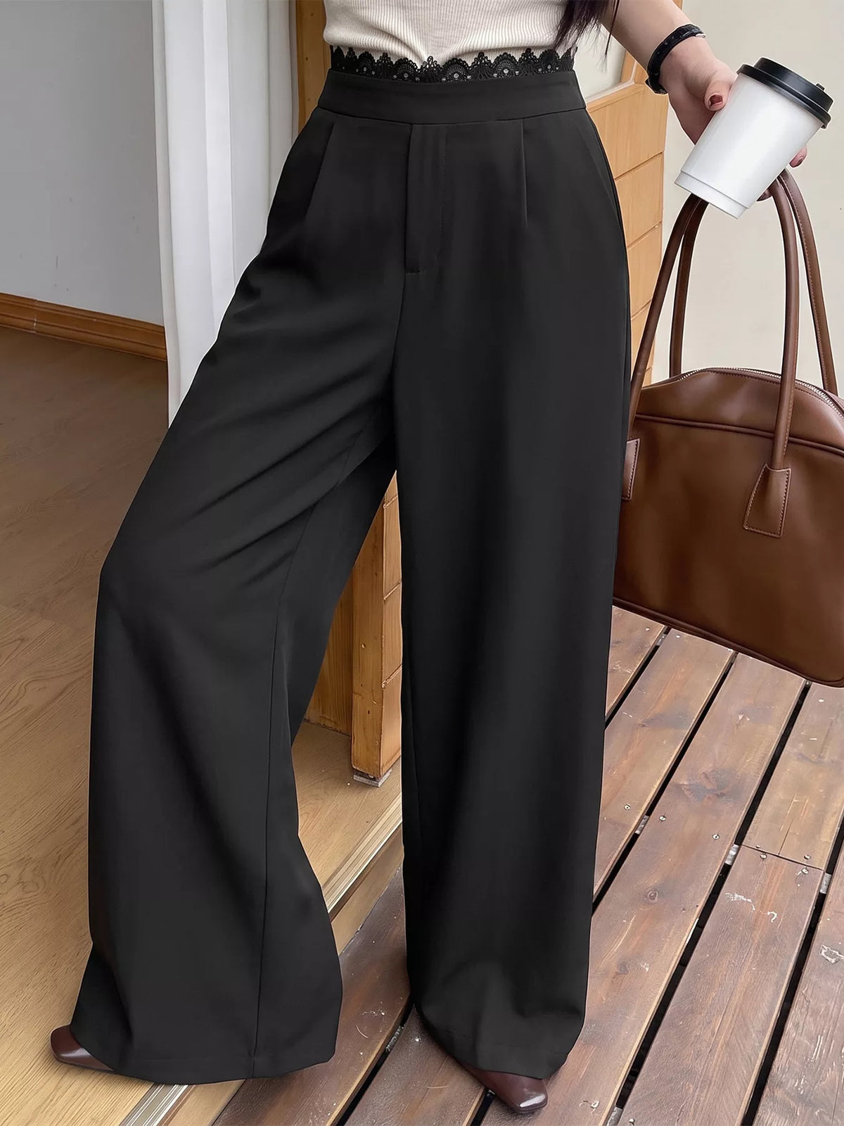 Trendsi High-Waisted Wide-Leg Lace-Trimmed Pants -