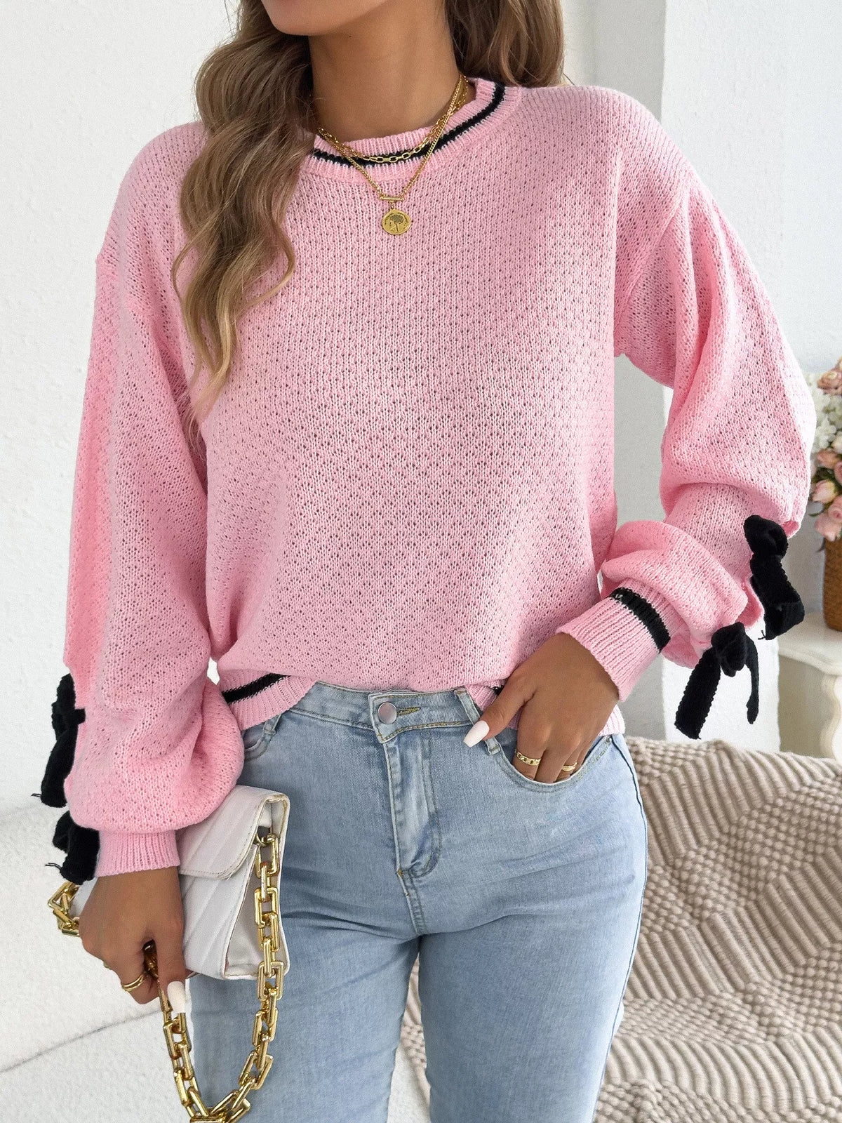 Pink contrast bow-tie sleeve crew neck sweater