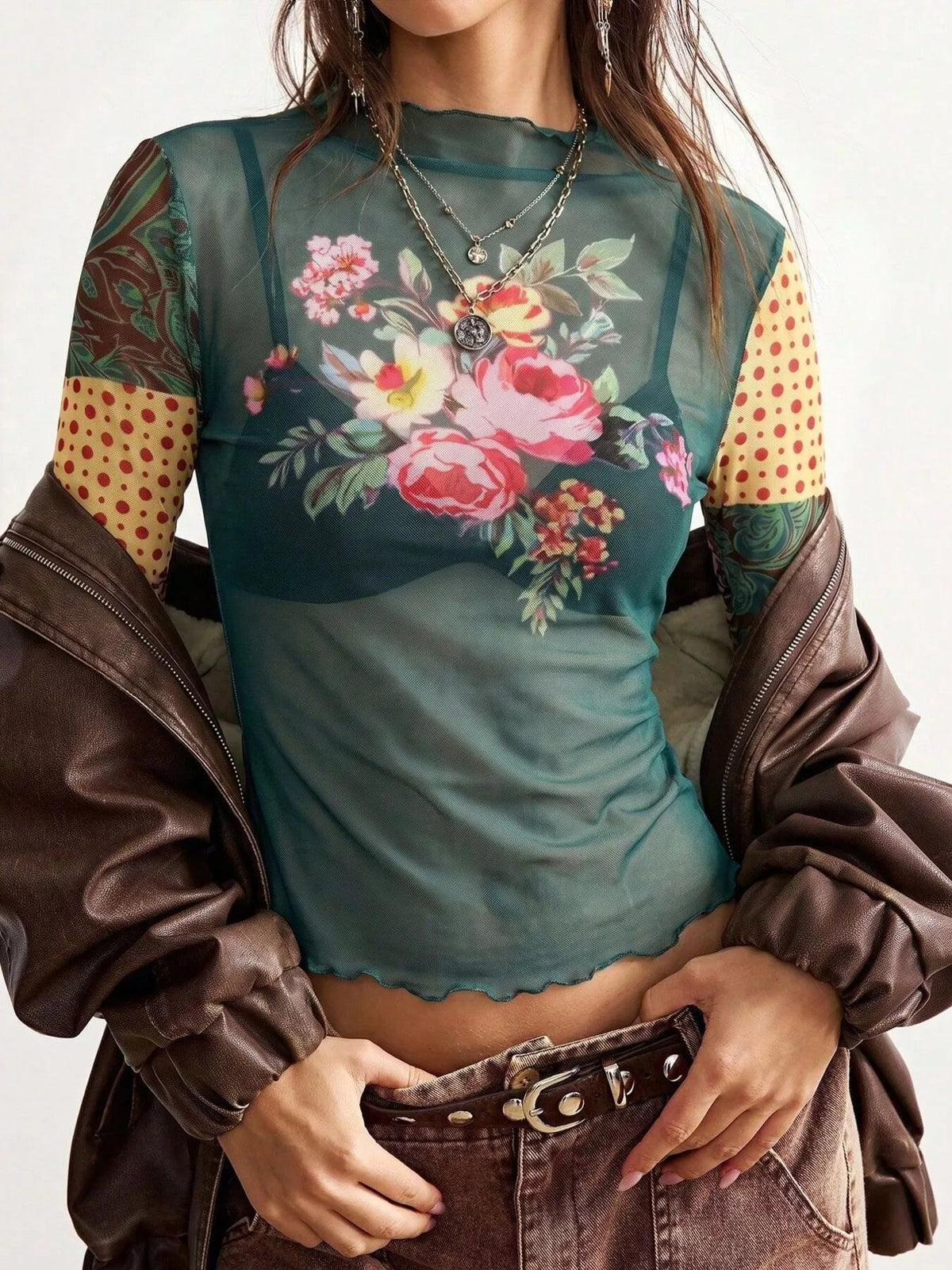 Trendsi Floral Print Mesh Mock Neck Long Sleeve Top -