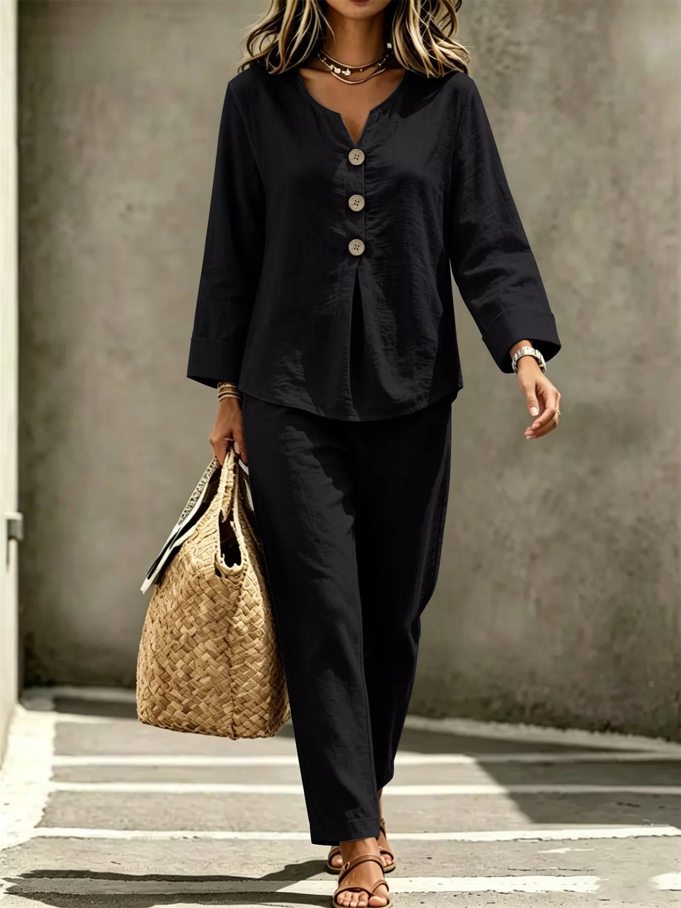 Trendsi Button Detail Long Sleeve Top and Pants Set -