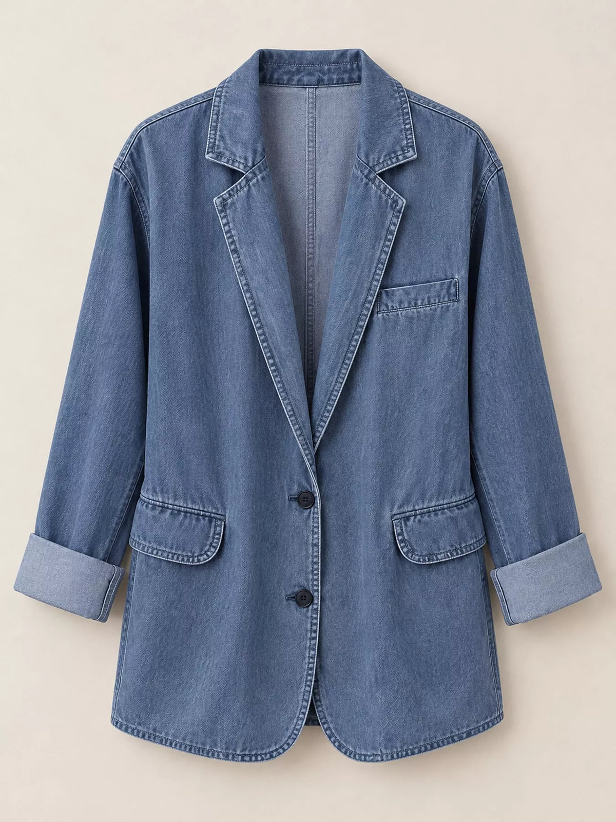 Lapel Collar Long Sleeve Denim Blazer in blue