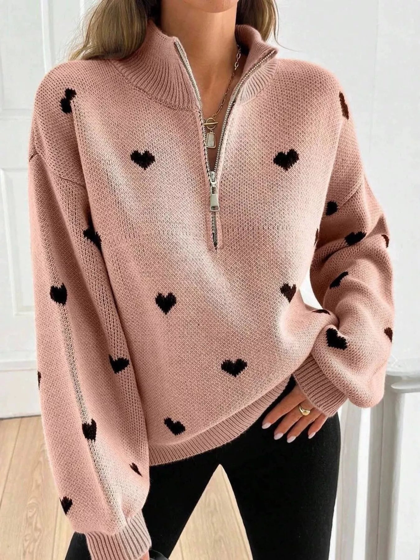 Trendsi Full Size Heart Half-Zip Long Sleeve Sweater Plus Size -