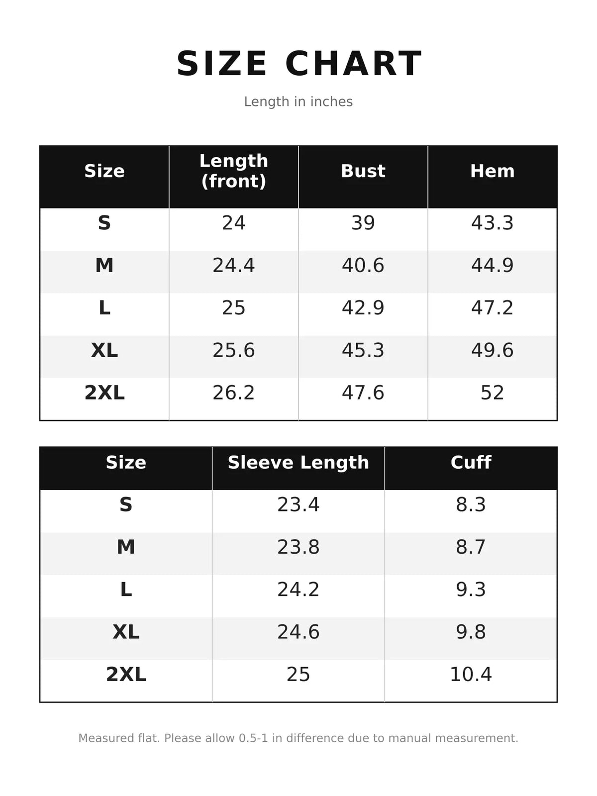 Size chart for ruffled stand-collar blouse with long lantern sleeves