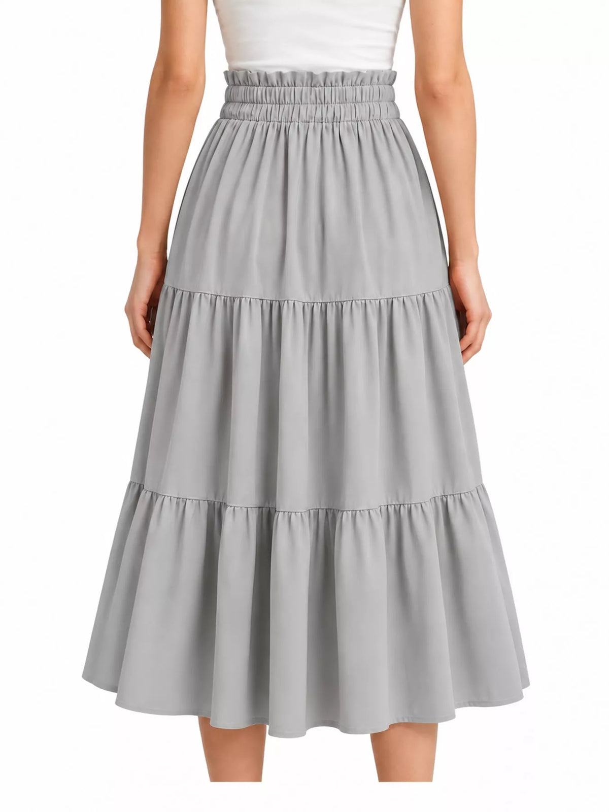 Gray drawstring tiered skirt — back view