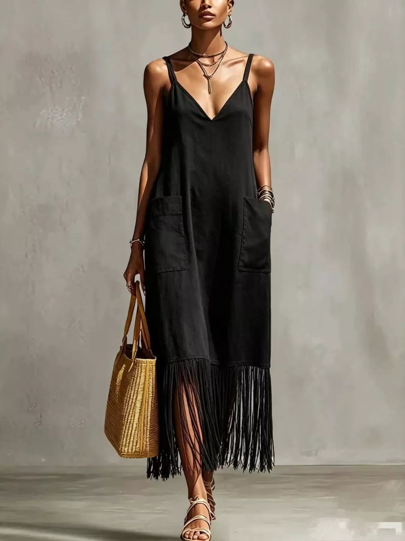 Trendsi Full Size Fringe Spaghetti Strap V-Neck Dress Plus Size -