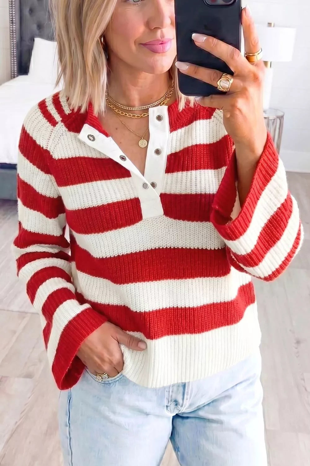 Striped colorblock V-neck long sleeve sweater