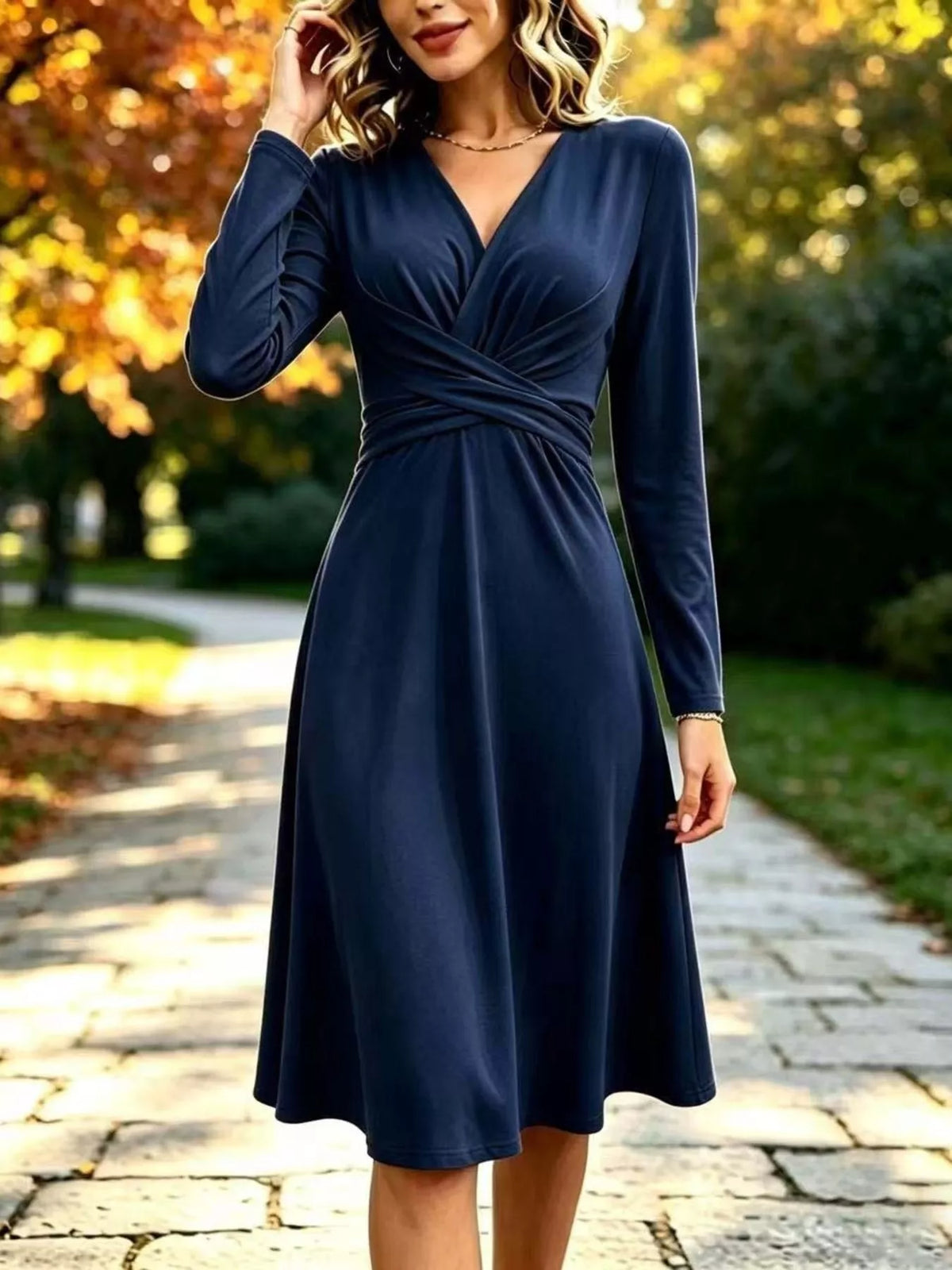 Women's V-Neck Ruched Waist Long Sleeve Midi Dress in navy — front view