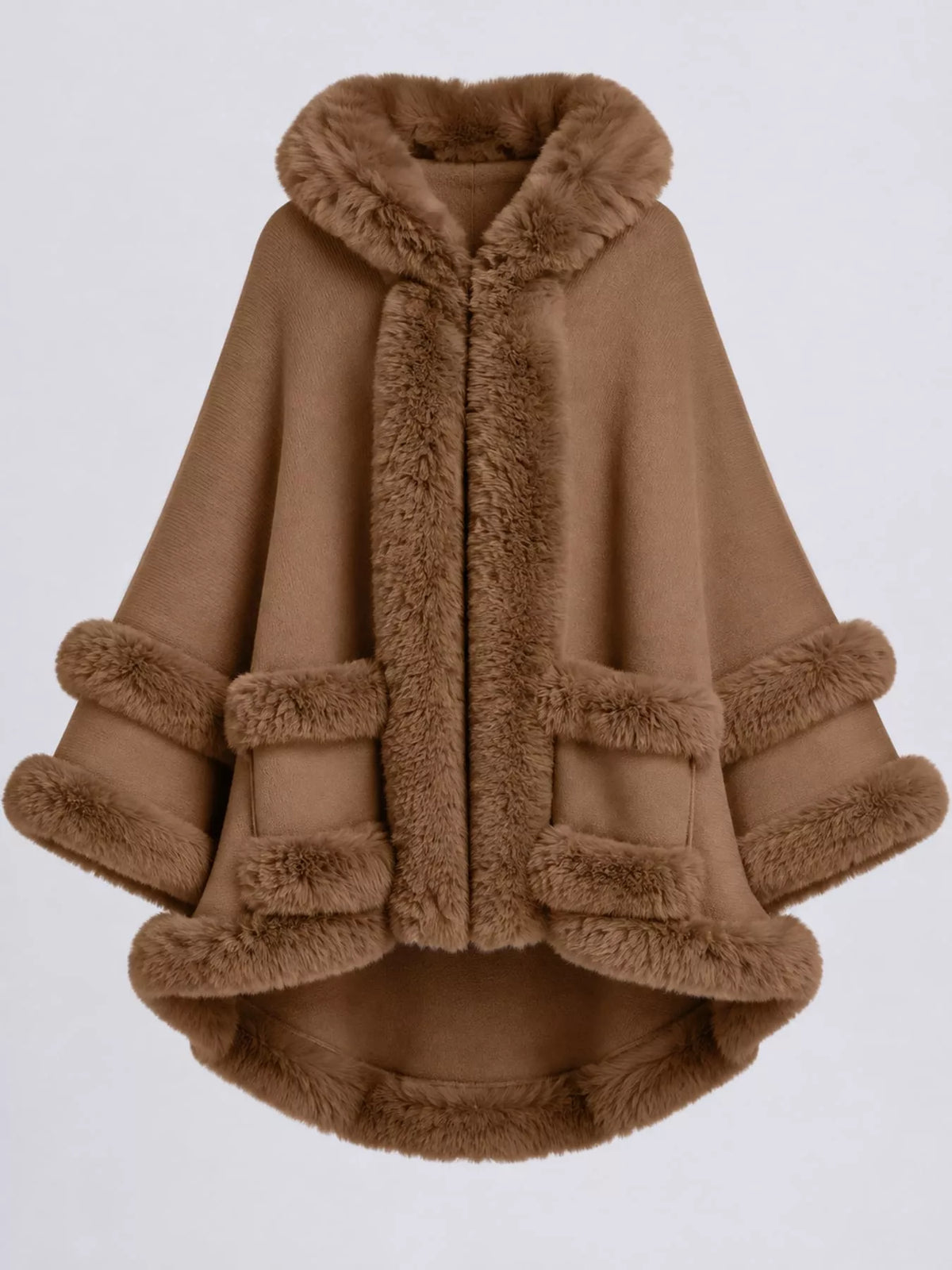 Faux-fur-trim cape, brown flat lay