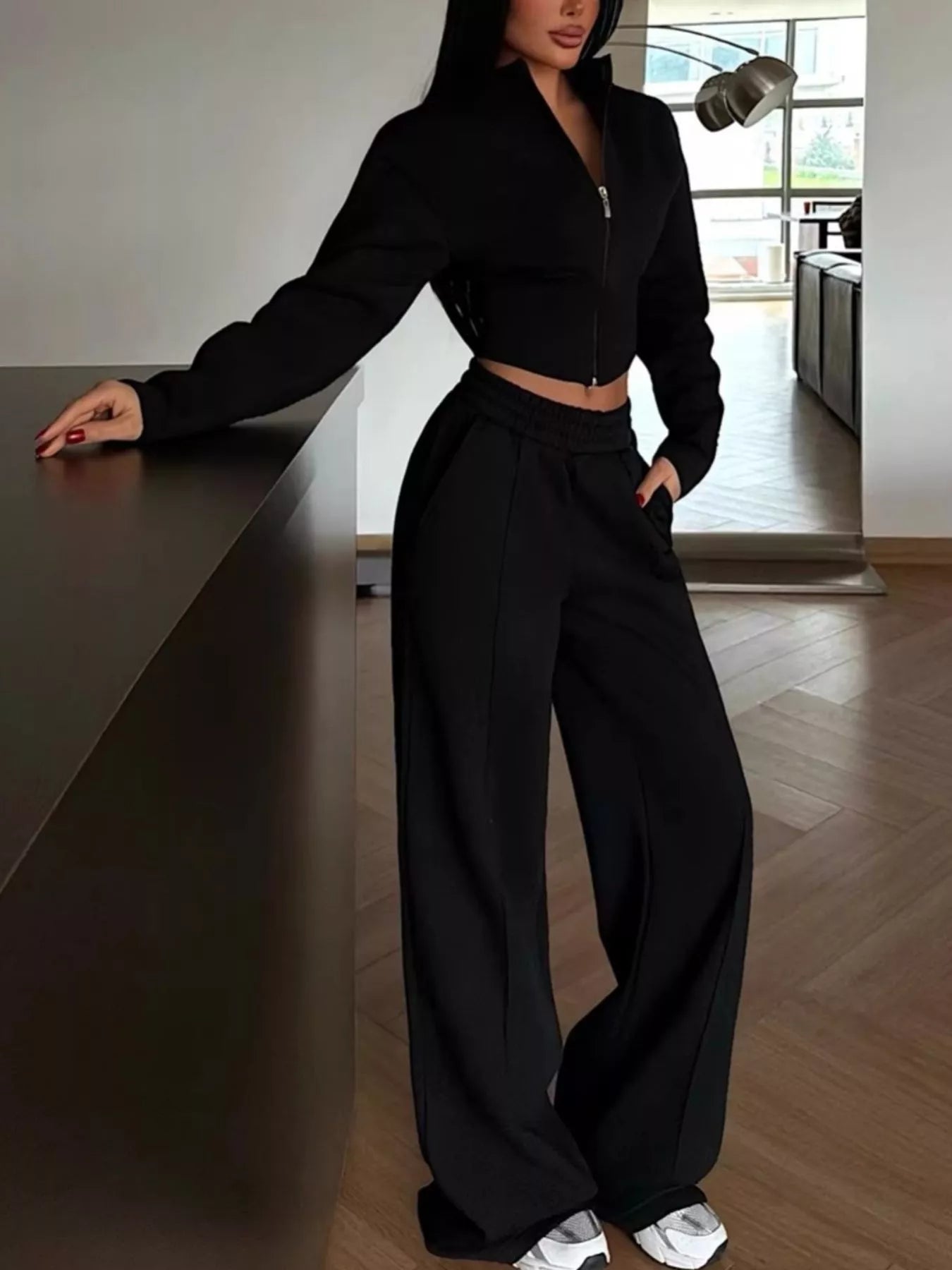Trendsi Zip-Up Crop Jacket and Wide-Leg Pants Set -