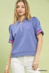 Trendsi Umgee Puff Sleeve Button Front Top with Contrast Trim -